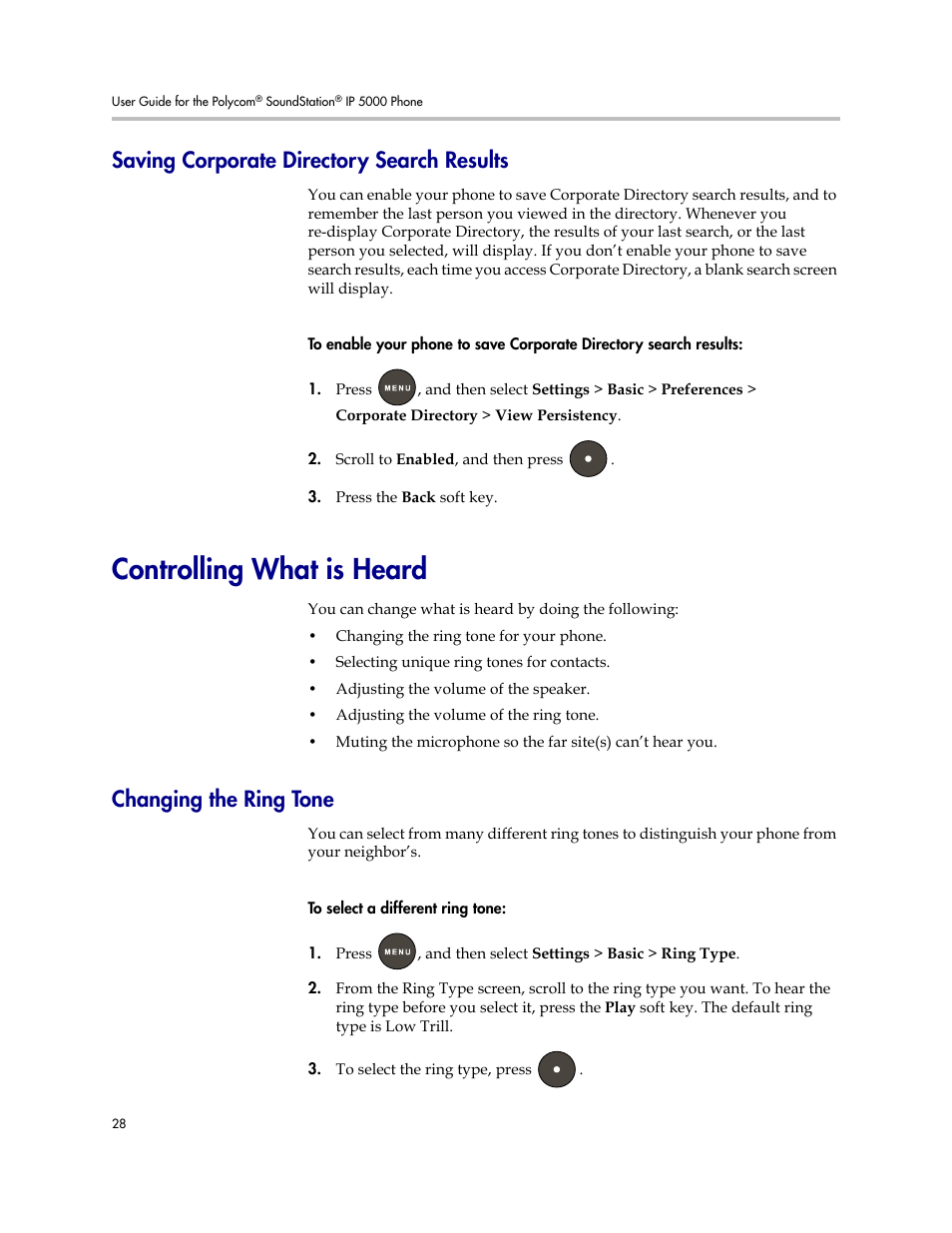 Saving corporate directory search results, Controlling what is heard, Changing the ring tone | Saving corporate directory, Search results | Polycom SoundStation IP 5000 User Manual | Page 32 / 54