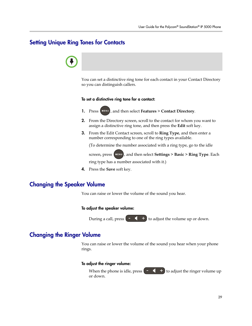 Setting unique ring tones for contacts, Changing the speaker volume, Changing the ringer volume | Setting unique ring, Tones for contacts | Polycom SoundStation IP 5000 User Manual | Page 33 / 54