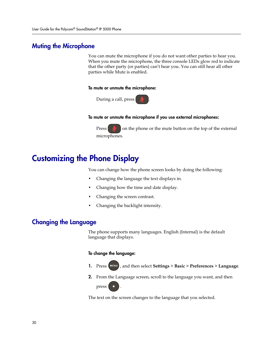 Muting the microphone, Customizing the phone display, Changing the language | Polycom SoundStation IP 5000 User Manual | Page 34 / 54