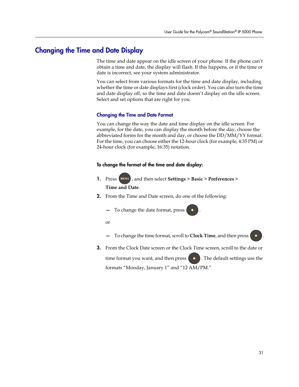 Changing the time and date display, Changing the time and date format | Polycom SoundStation IP 5000 User Manual | Page 35 / 54