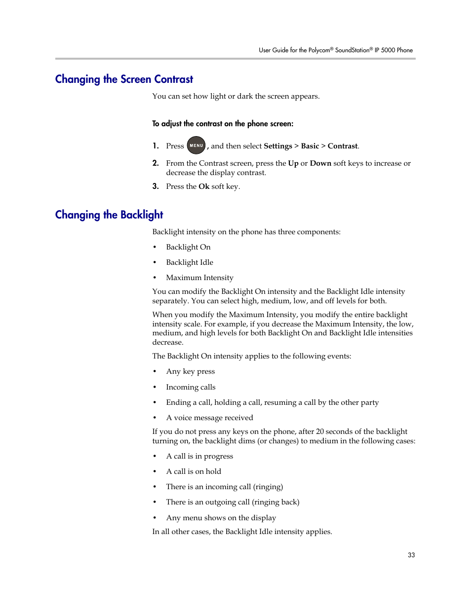 Changing the screen contrast, Changing the backlight | Polycom SoundStation IP 5000 User Manual | Page 37 / 54