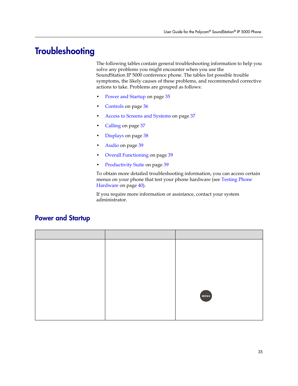 Troubleshooting, Power and startup | Polycom SoundStation IP 5000 User Manual | Page 39 / 54