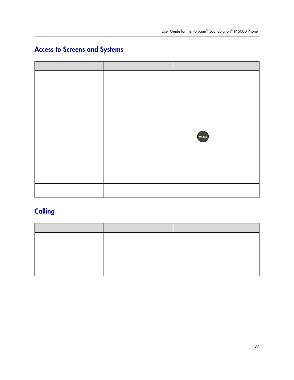 Access to screens and systems, Calling, Access to screens and systems calling | Polycom SoundStation IP 5000 User Manual | Page 41 / 54