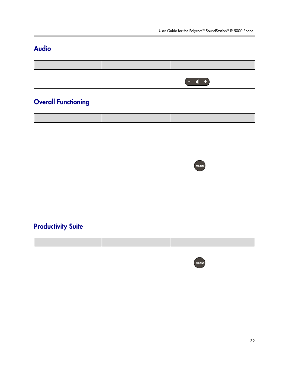 Audio, Overall functioning, Productivity suite | Audio overall functioning productivity suite, Overall, Functioning | Polycom SoundStation IP 5000 User Manual | Page 43 / 54