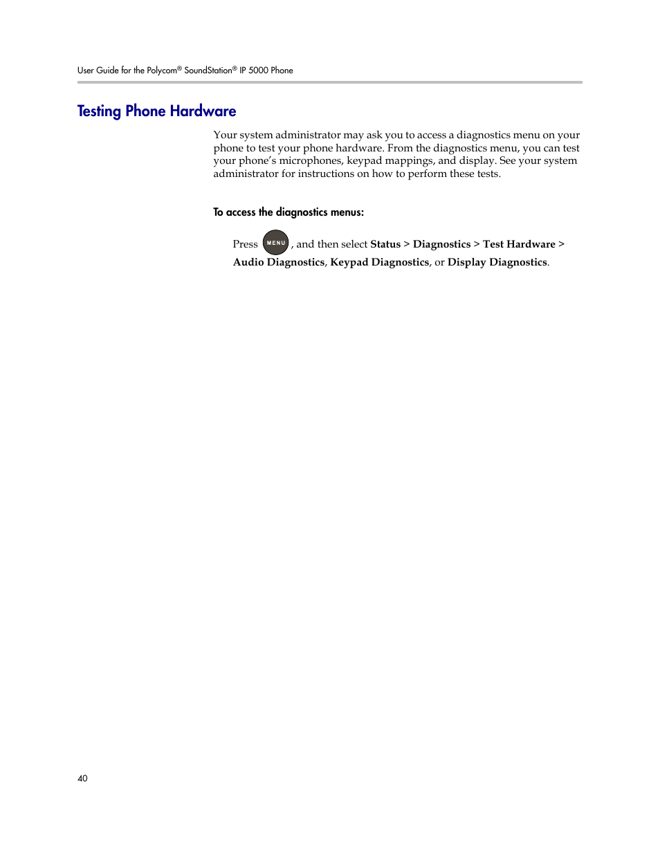 Testing phone hardware, Testing phone, Hardware | Polycom SoundStation IP 5000 User Manual | Page 44 / 54