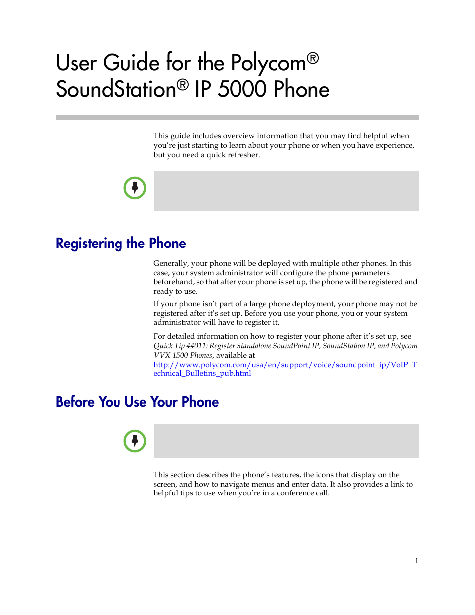 Registering the phone, Before you use your phone, Registering the phone before you use your phone | User guide for the polycom, Soundstation, Ip 5000 phone | Polycom SoundStation IP 5000 User Manual | Page 5 / 54