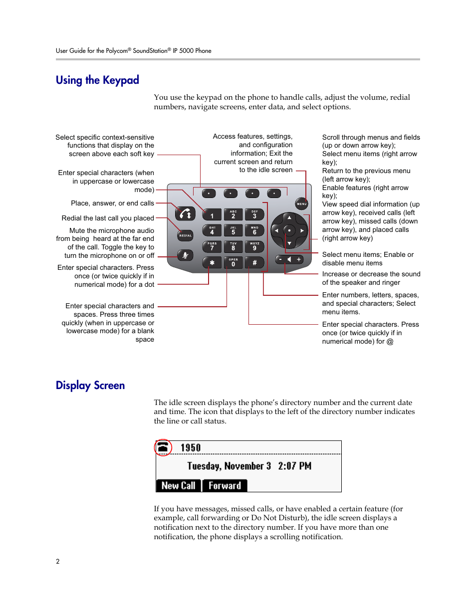 Using the keypad, Display screen, Using the keypad display screen | Polycom SoundStation IP 5000 User Manual | Page 6 / 54