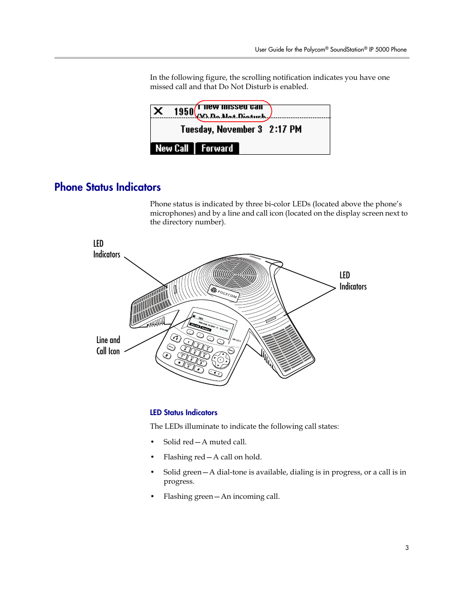 Phone status indicators, Led status indicators, Led indicators | Led indicators line and call icon | Polycom SoundStation IP 5000 User Manual | Page 7 / 54