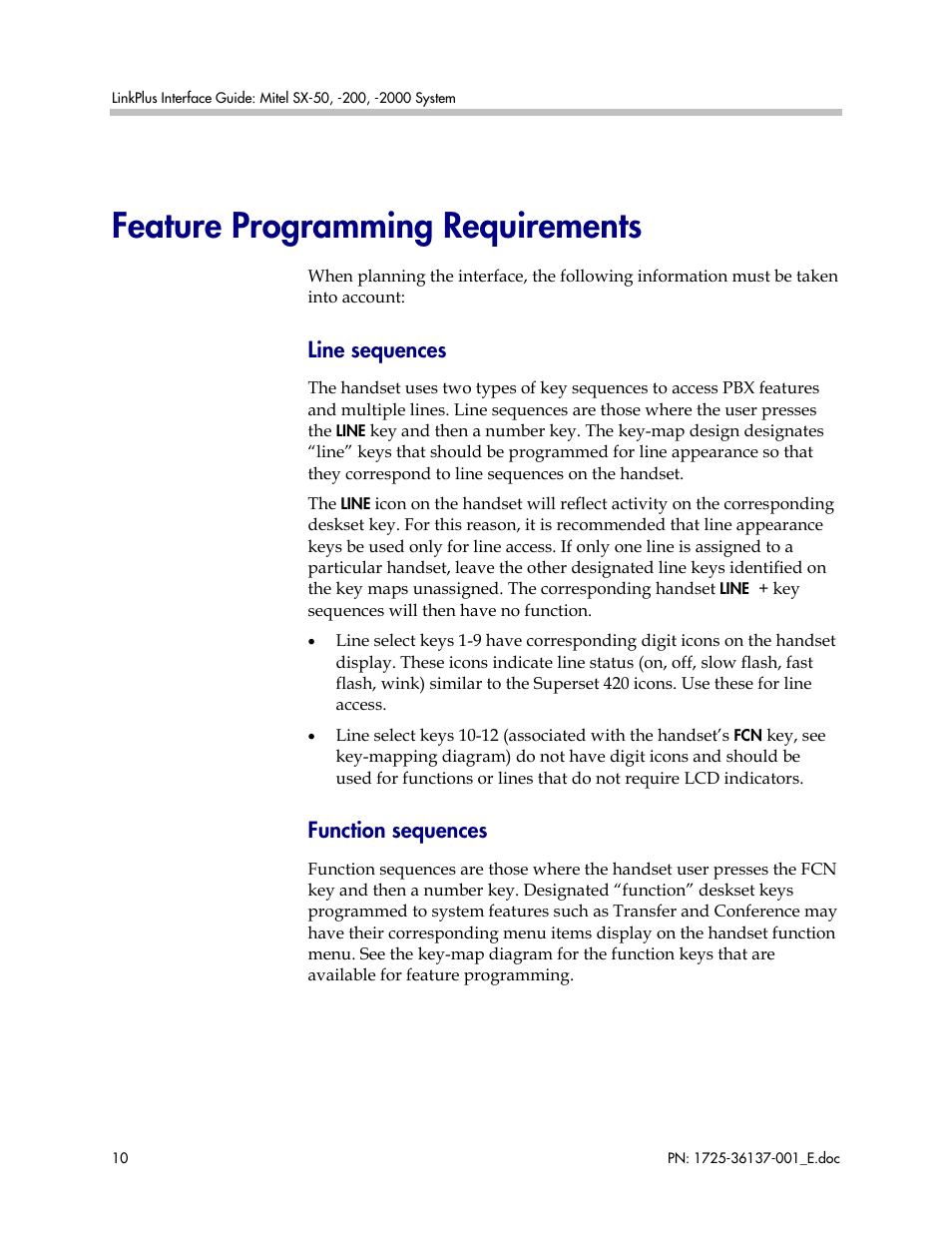 Feature programming requirements, Line sequences, Function sequences | Polycom MITEL SX-200 User Manual | Page 10 / 17