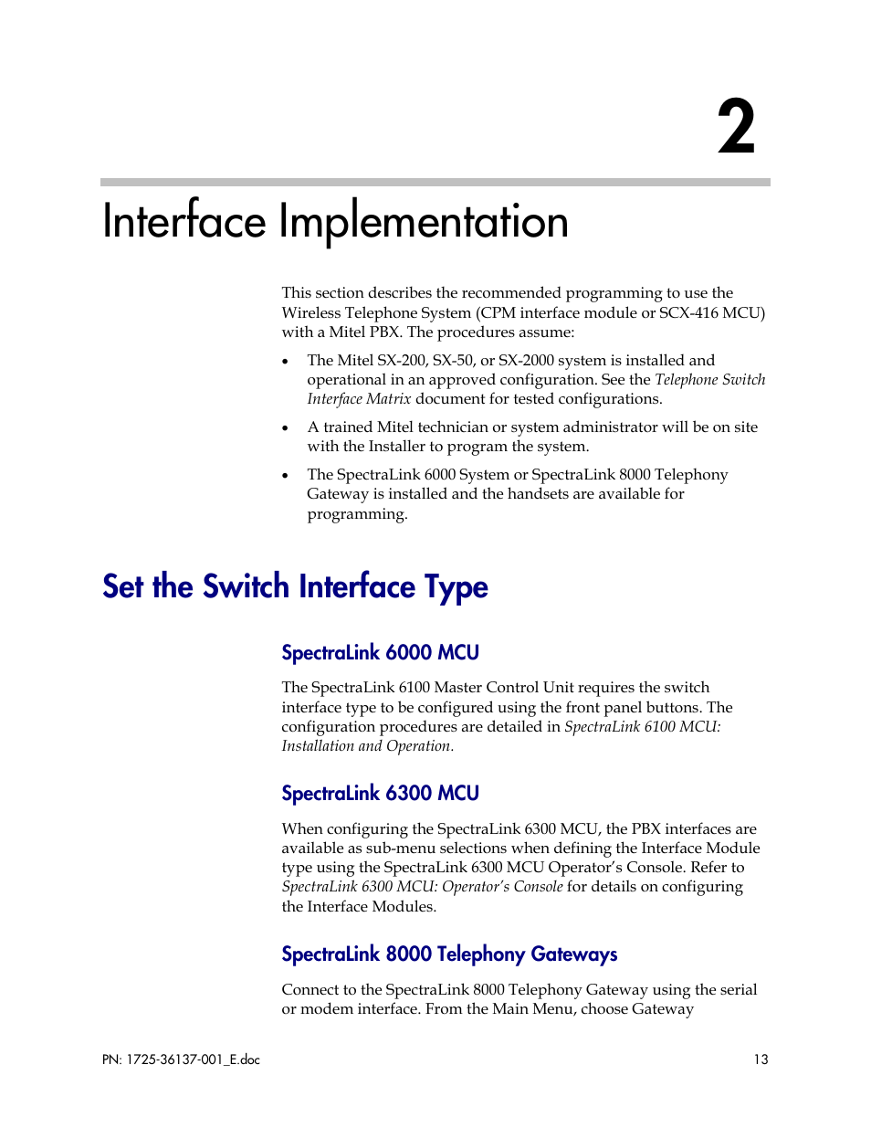 Interface implementation, Set the switch interface type | Polycom MITEL SX-200 User Manual | Page 13 / 17