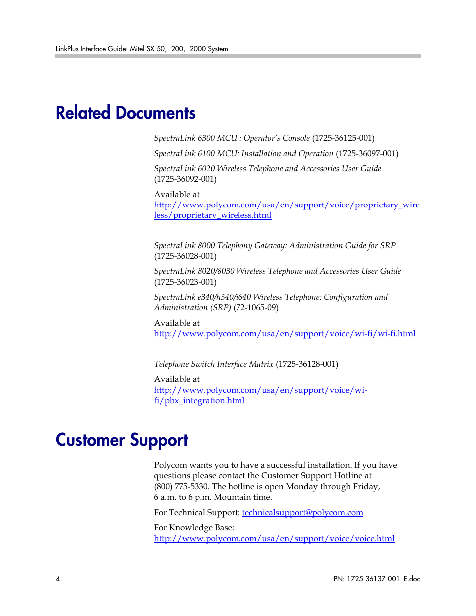 Related documents, Customer support | Polycom MITEL SX-200 User Manual | Page 4 / 17