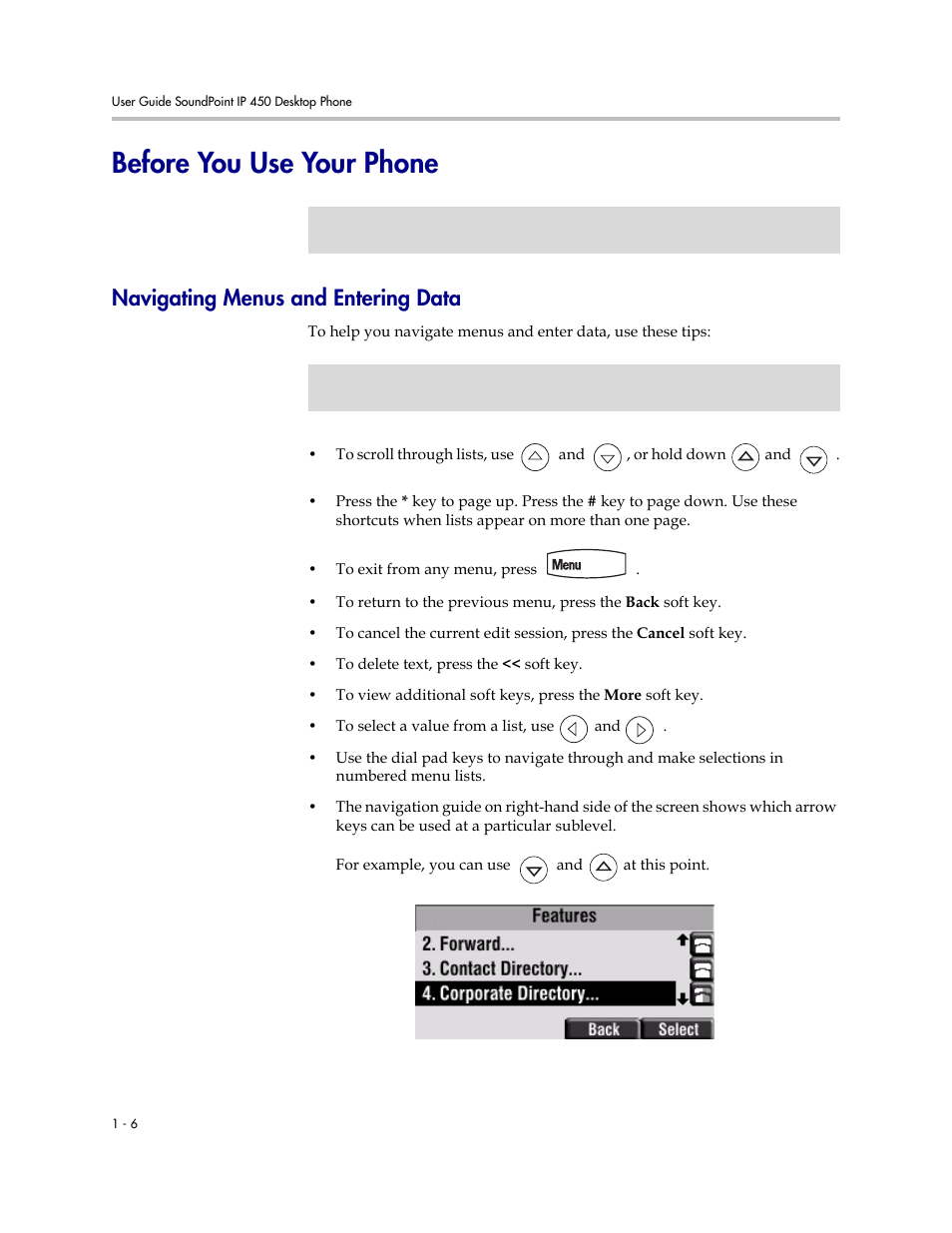 Before you use your phone, Navigating menus and entering data, Before you use your phone –6 | Navigating menus and entering data –6 | Polycom SoundPoint IP 450 User Manual | Page 14 / 84