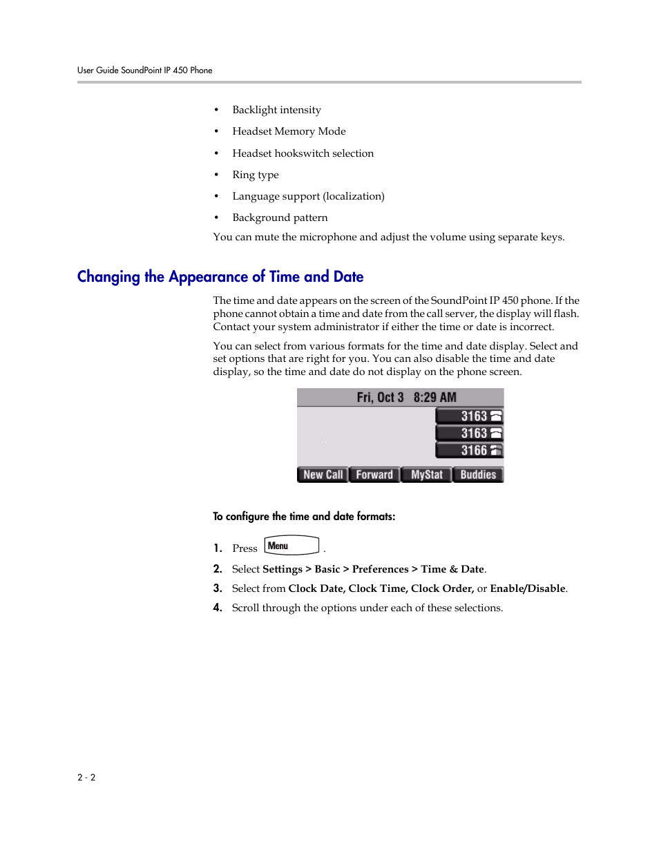 Changing the appearance of time and date, Changing the appearance of time and date –2 | Polycom SoundPoint IP 450 User Manual | Page 18 / 84