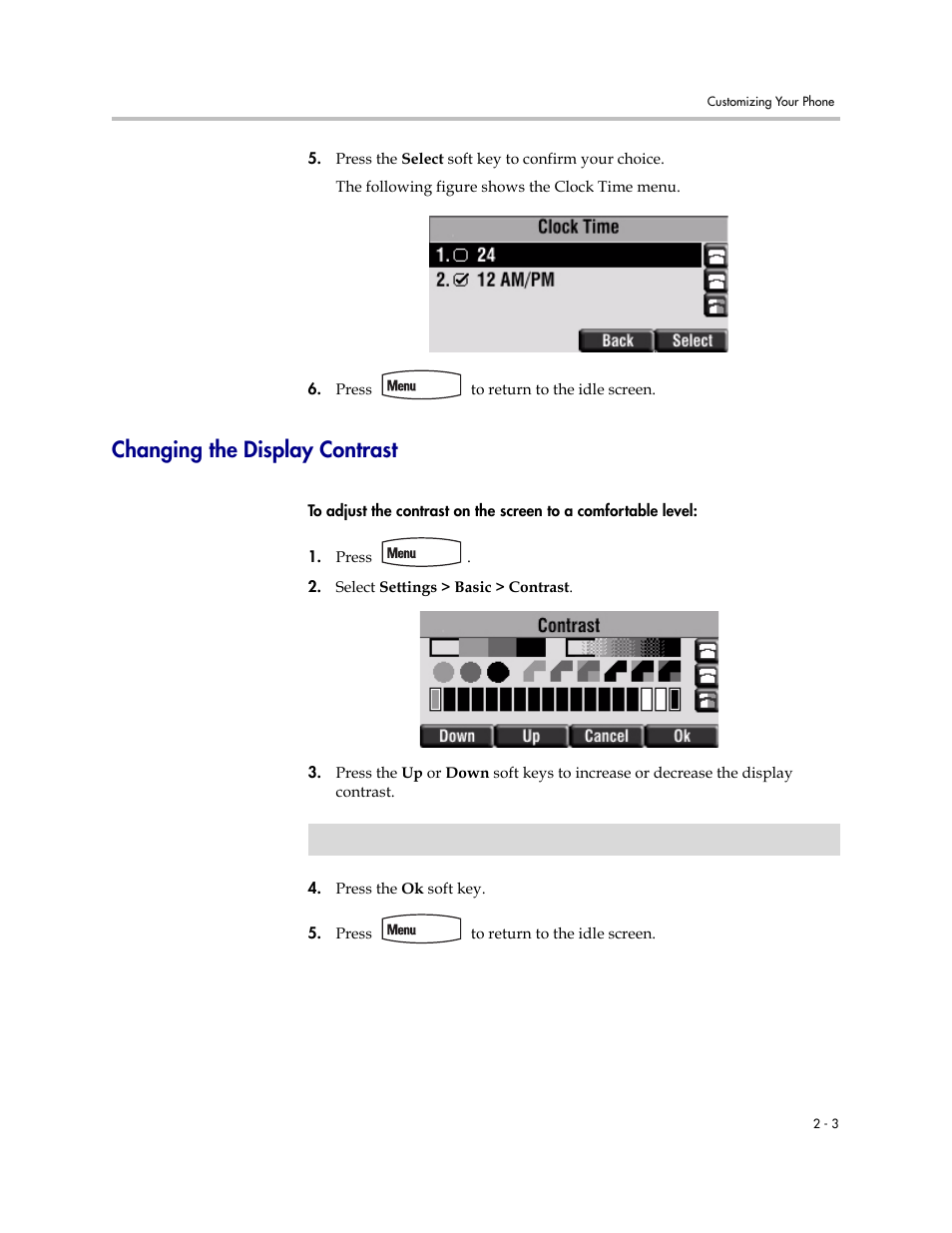 Changing the display contrast, Changing the display contrast –3 | Polycom SoundPoint IP 450 User Manual | Page 19 / 84