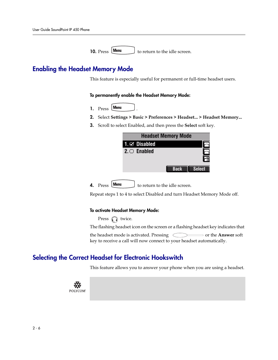 Enabling the headset memory mode | Polycom SoundPoint IP 450 User Manual | Page 22 / 84