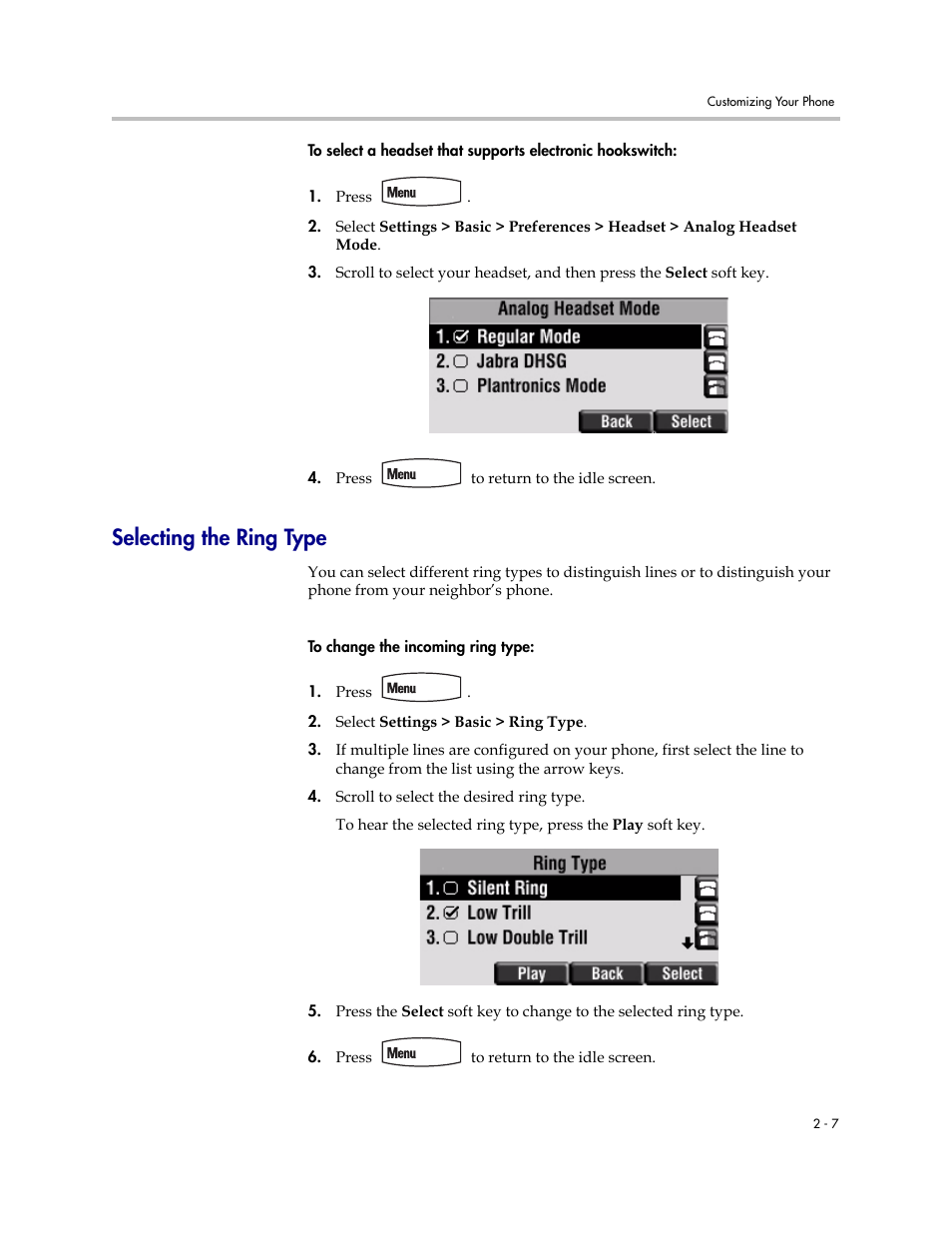 Selecting the ring type, Selecting the ring type –7 | Polycom SoundPoint IP 450 User Manual | Page 23 / 84