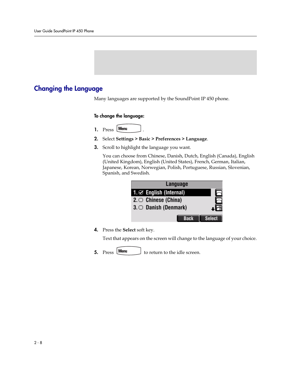 Changing the language, Changing the language –8 | Polycom SoundPoint IP 450 User Manual | Page 24 / 84