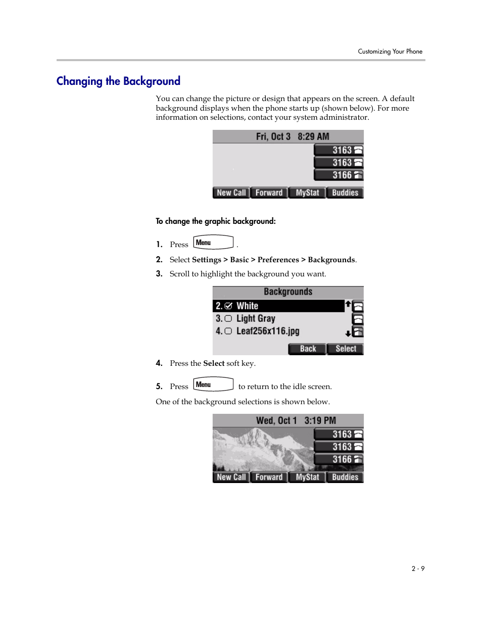 Changing the background, Changing the background –9 | Polycom SoundPoint IP 450 User Manual | Page 25 / 84