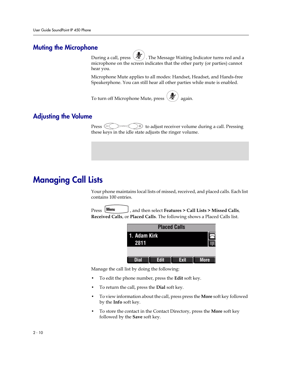 Muting the microphone, Adjusting the volume, Managing call lists | Muting the microphone –10 adjusting the volume –10, Managing call lists –10 | Polycom SoundPoint IP 450 User Manual | Page 26 / 84