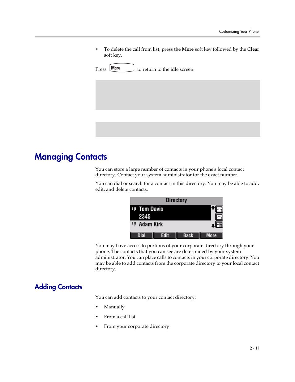 Managing contacts, Adding contacts, Managing contacts –11 | Adding contacts –11 | Polycom SoundPoint IP 450 User Manual | Page 27 / 84