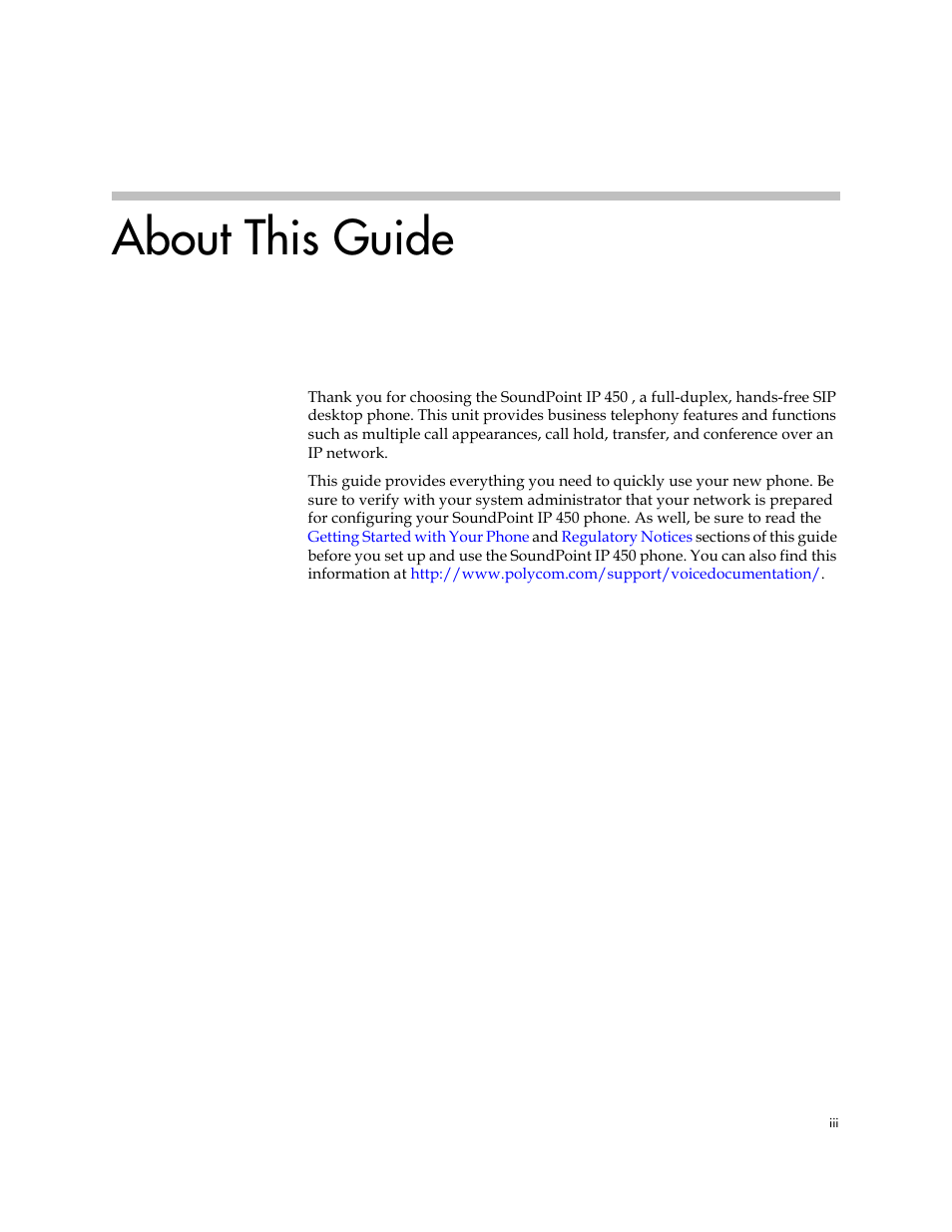 About this guide | Polycom SoundPoint IP 450 User Manual | Page 3 / 84