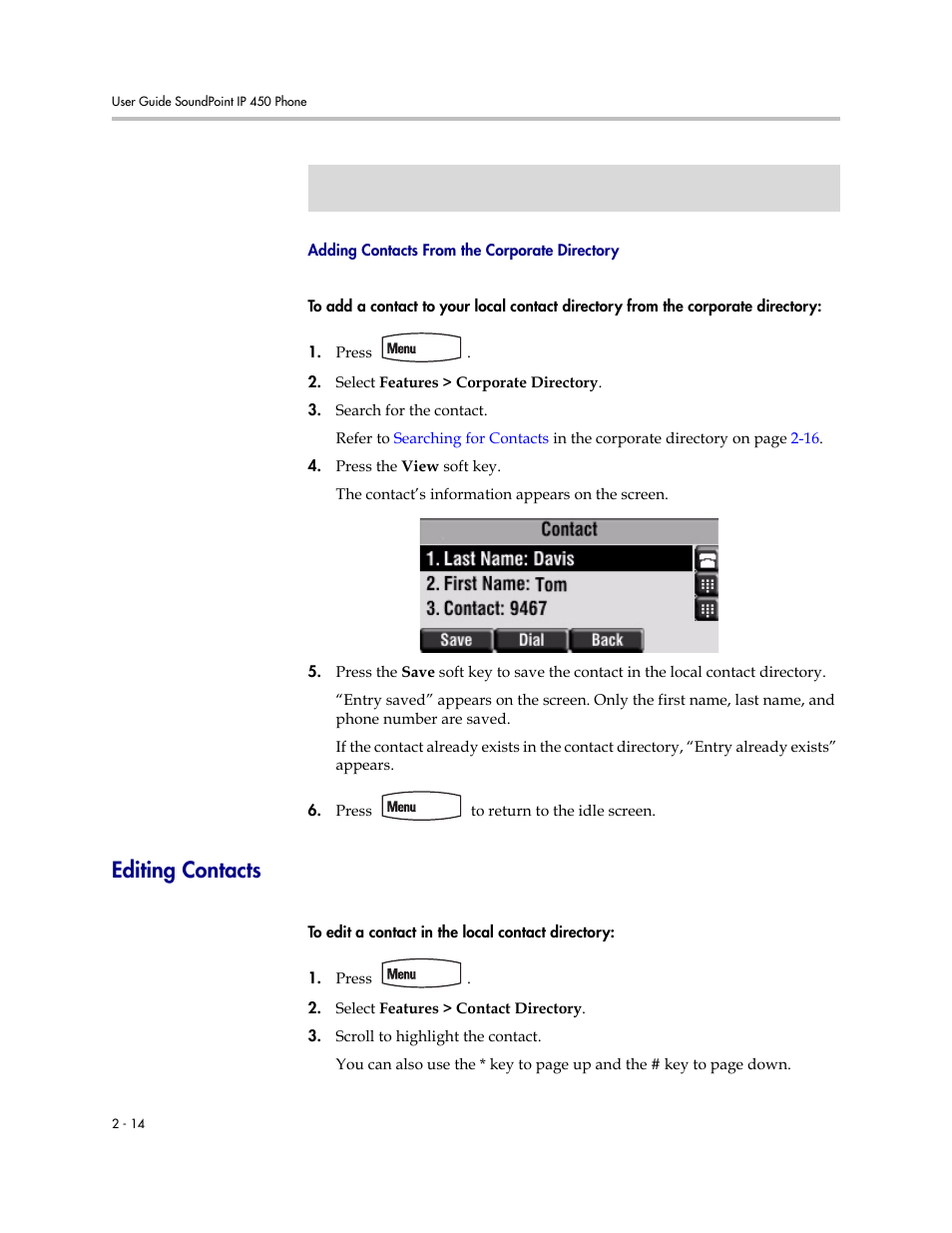 Editing contacts, Editing contacts –14 | Polycom SoundPoint IP 450 User Manual | Page 30 / 84