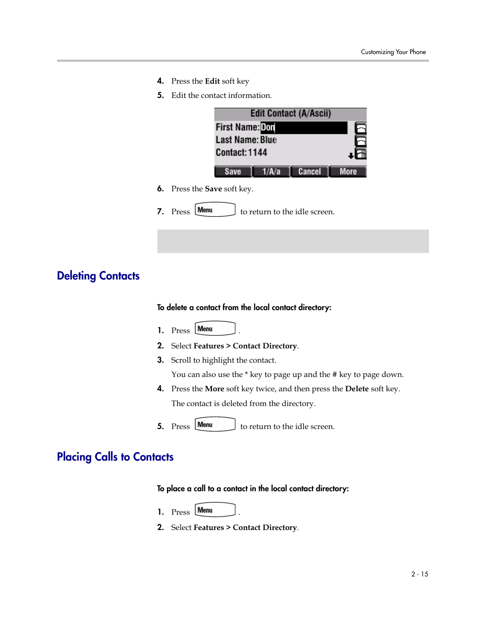 Deleting contacts, Placing calls to contacts | Polycom SoundPoint IP 450 User Manual | Page 31 / 84