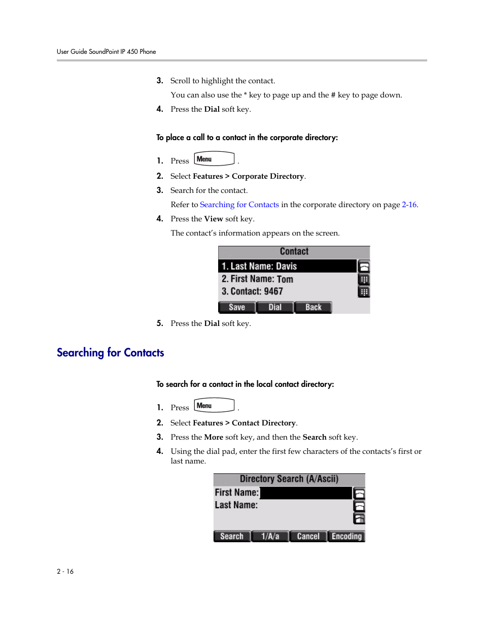 Searching for contacts, Searching for contacts –16 | Polycom SoundPoint IP 450 User Manual | Page 32 / 84