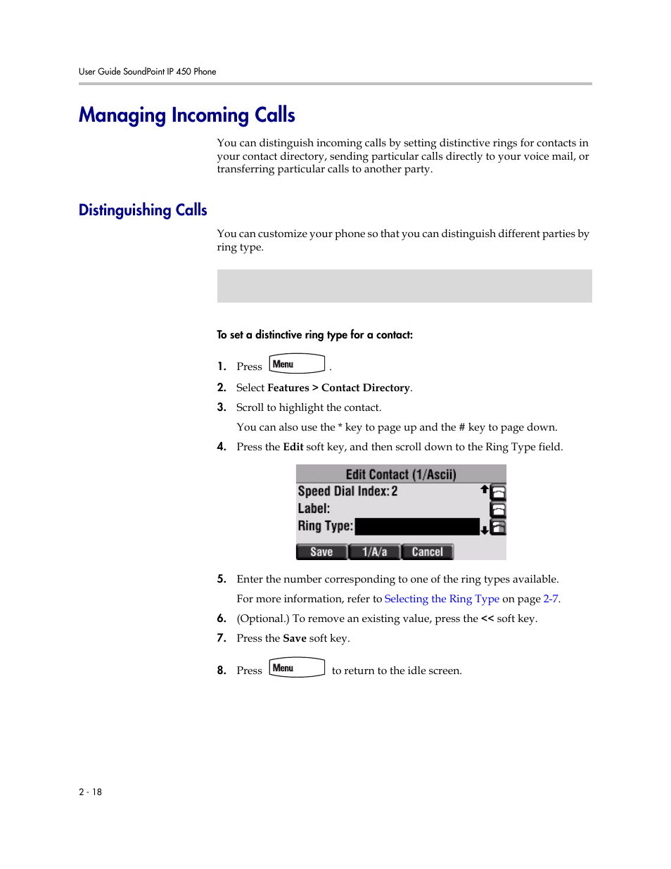 Managing incoming calls, Distinguishing calls, Managing incoming calls –18 | Distinguishing calls –18 | Polycom SoundPoint IP 450 User Manual | Page 34 / 84