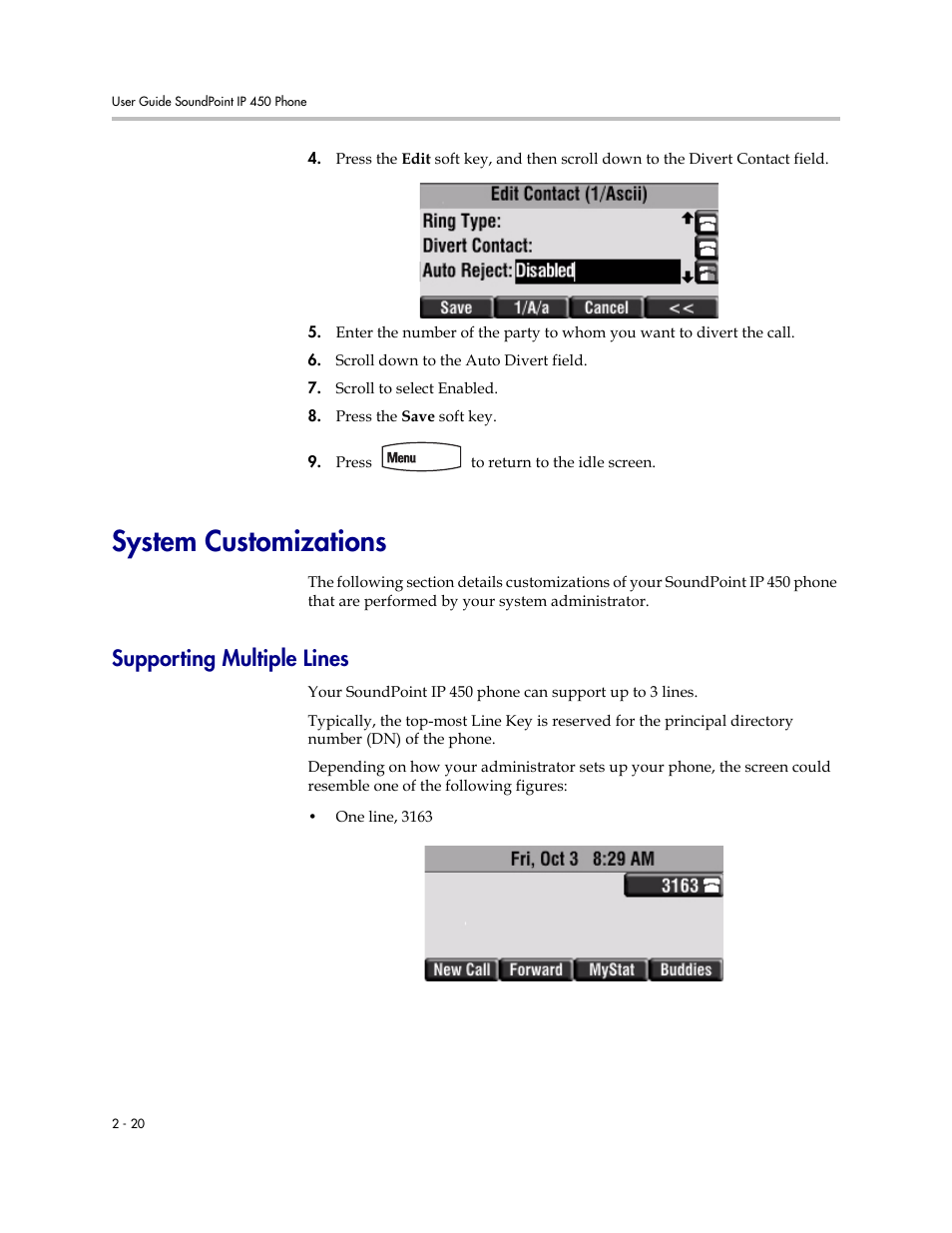 System customizations, Supporting multiple lines, System customizations –20 | Supporting multiple lines –20 | Polycom SoundPoint IP 450 User Manual | Page 36 / 84