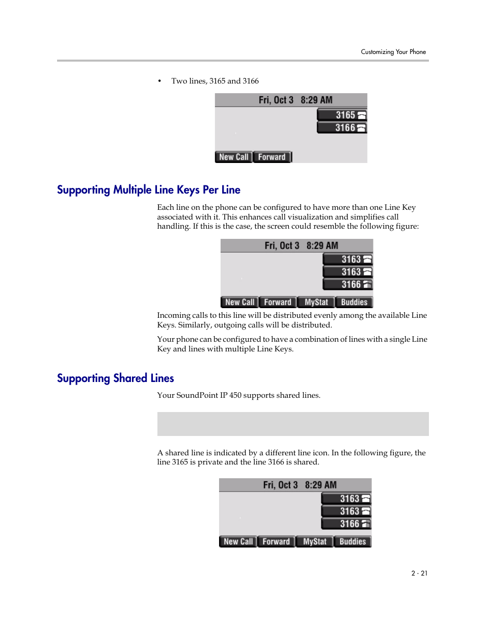 Supporting multiple line keys per line, Supporting shared lines | Polycom SoundPoint IP 450 User Manual | Page 37 / 84