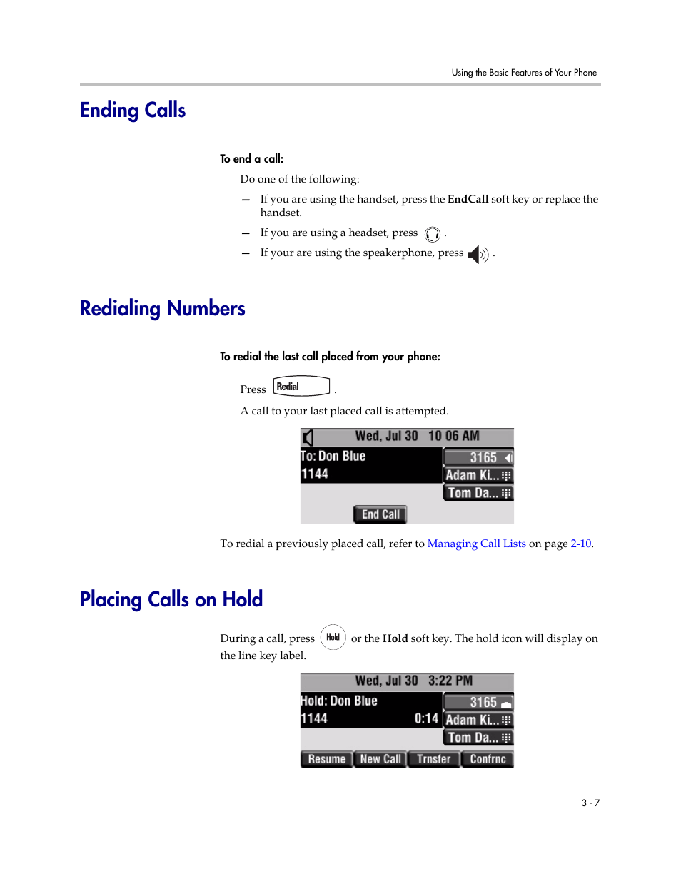 Ending calls, Redialing numbers, Placing calls on hold | Polycom SoundPoint IP 450 User Manual | Page 45 / 84