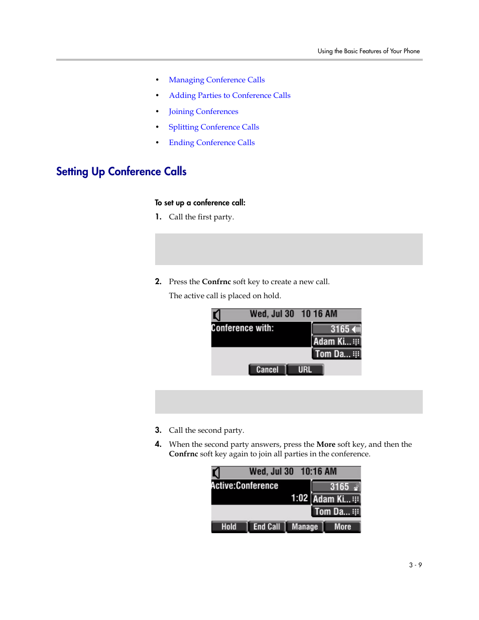 Setting up conference calls, Setting up conference calls –9 | Polycom SoundPoint IP 450 User Manual | Page 47 / 84