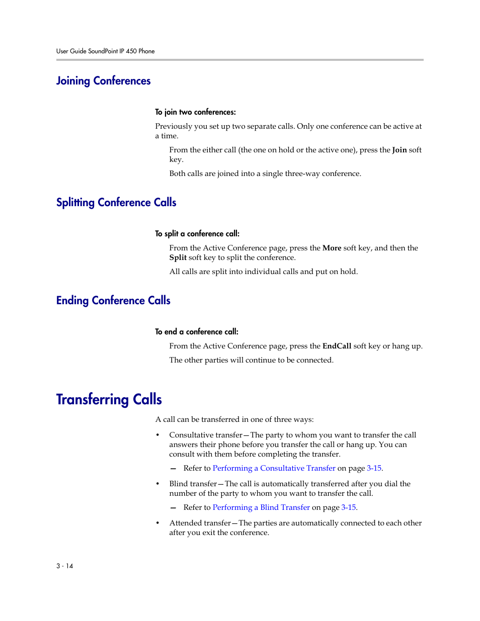 Joining conferences, Splitting conference calls, Ending conference calls | Transferring calls, Transferring calls –14 | Polycom SoundPoint IP 450 User Manual | Page 52 / 84