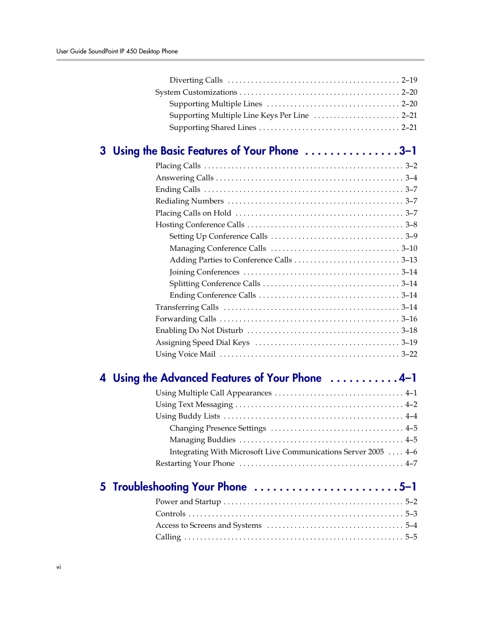 3 using the basic features of your phone –1, 4 using the advanced features of your phone –1, 5 troubleshooting your phone –1 | Polycom SoundPoint IP 450 User Manual | Page 6 / 84