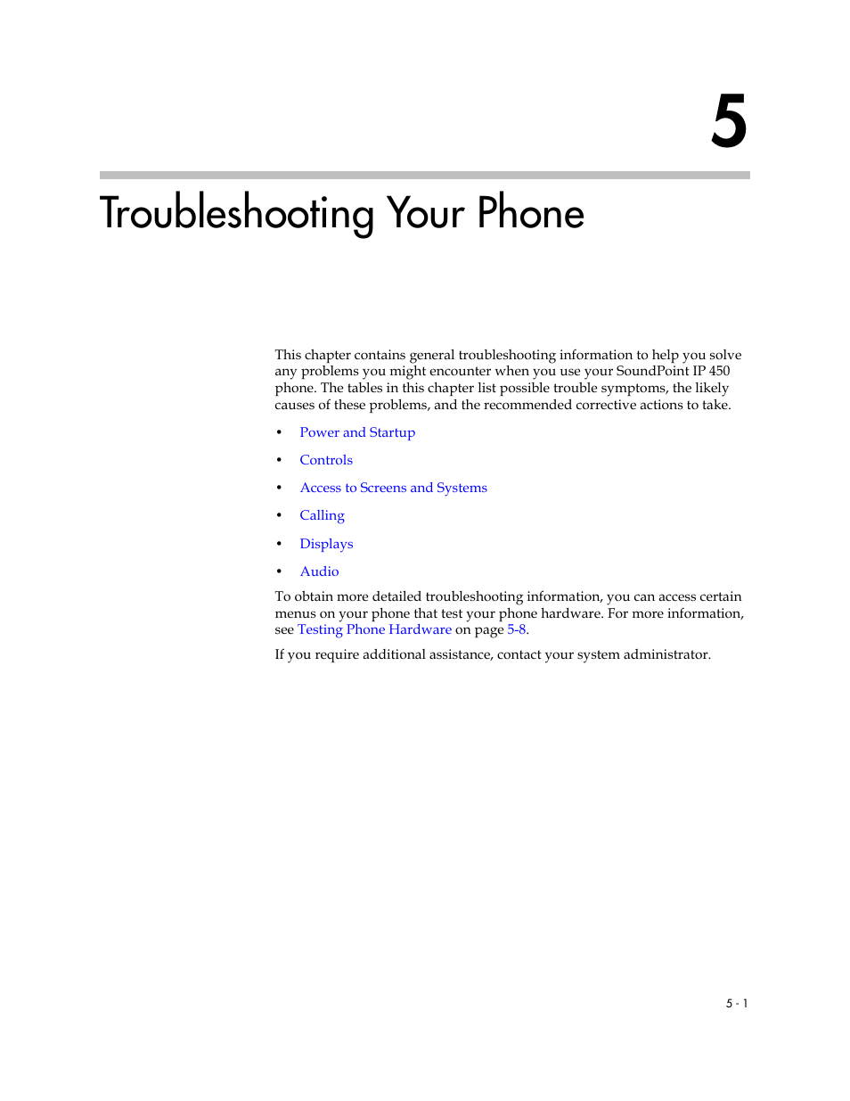 Troubleshooting your phone, 5 troubleshooting your phone –1 | Polycom SoundPoint IP 450 User Manual | Page 69 / 84