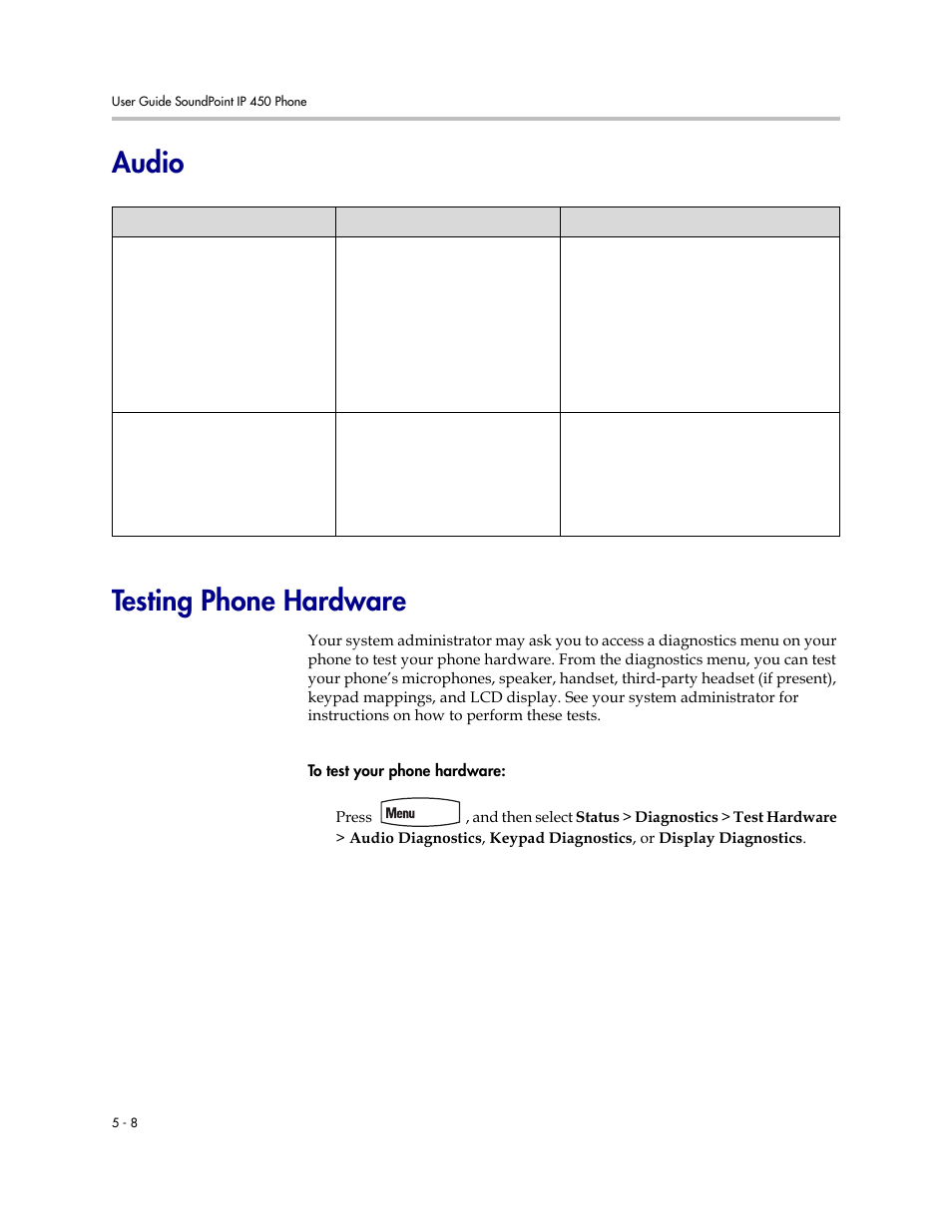 Audio, Testing phone hardware, Audio testing phone hardware | Polycom SoundPoint IP 450 User Manual | Page 76 / 84