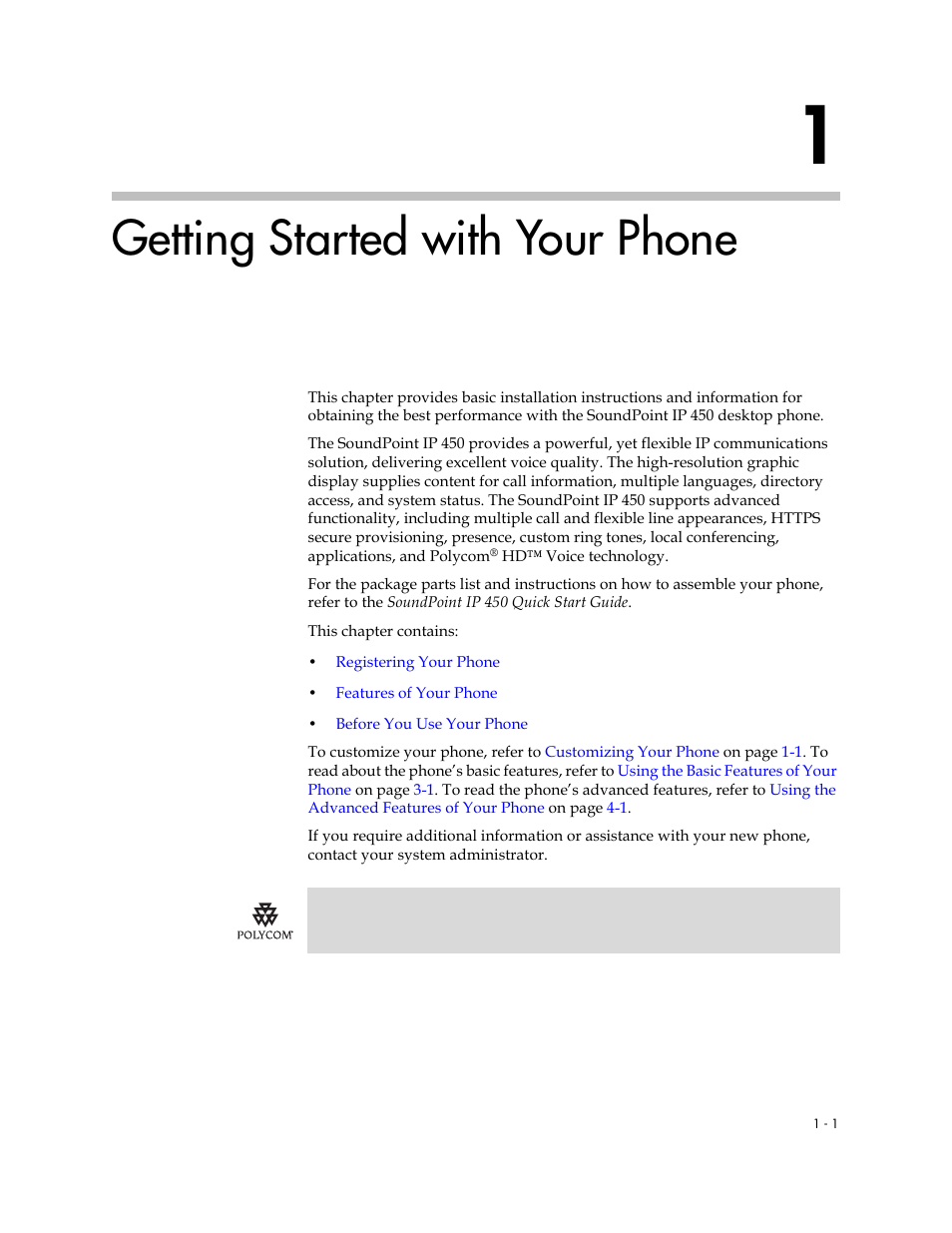 Getting started with your phone, 1 getting started with your phone –1 | Polycom SoundPoint IP 450 User Manual | Page 9 / 84