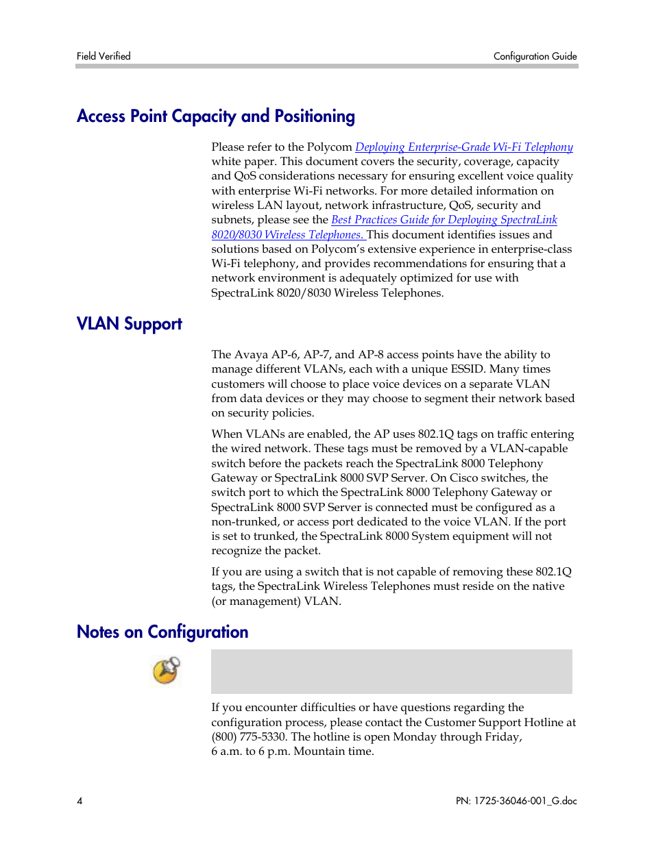 Access point capacity and positioning, Vlan support, Notes on configuration | Polycom AP-7 User Manual | Page 4 / 8