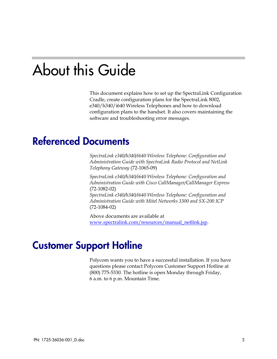 About this guide, Referenced documents, Customer support hotline | Polycom E340 User Manual | Page 3 / 29