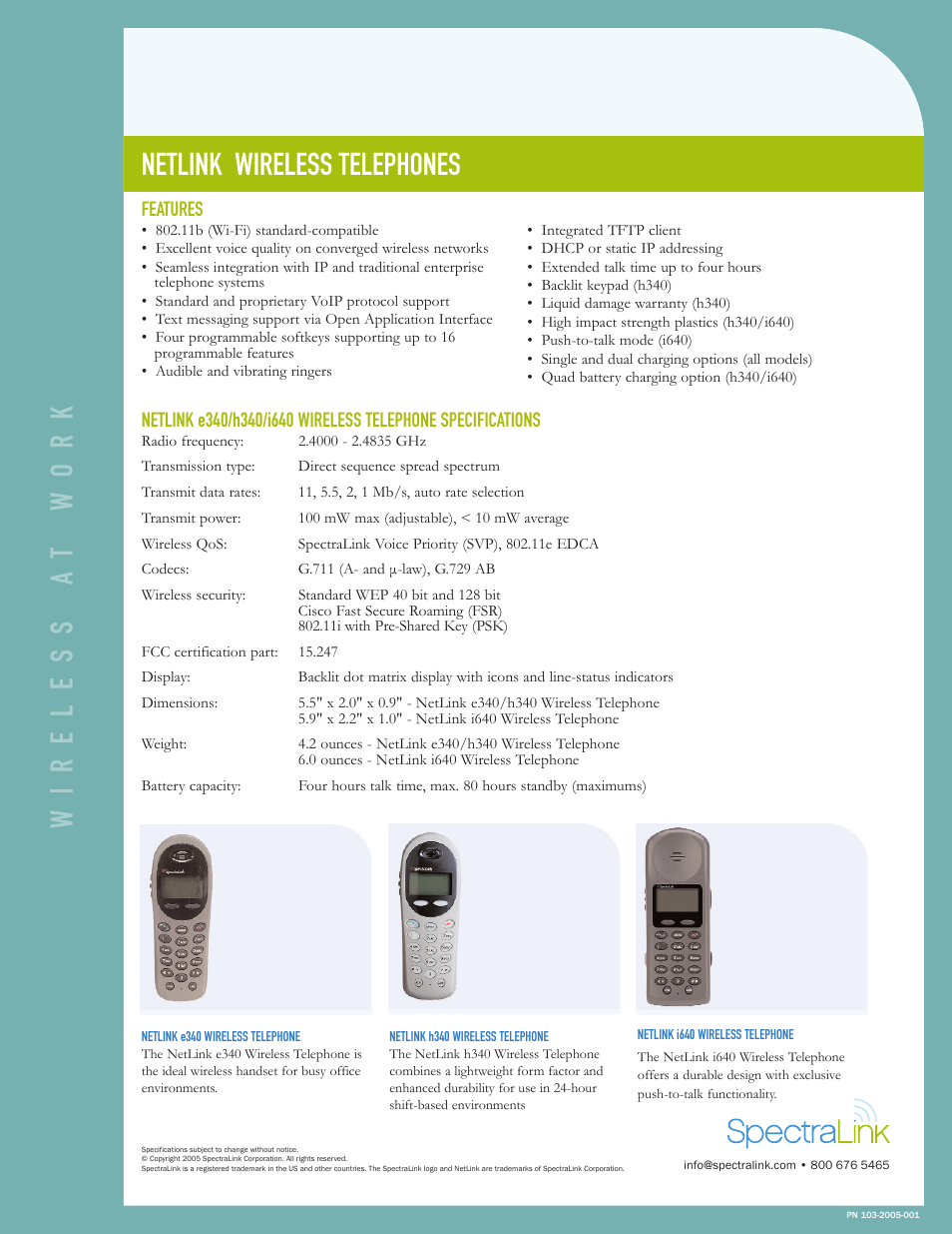 Netlink wireless telephones, Features | Polycom SpectraLink I640 User Manual | Page 2 / 2