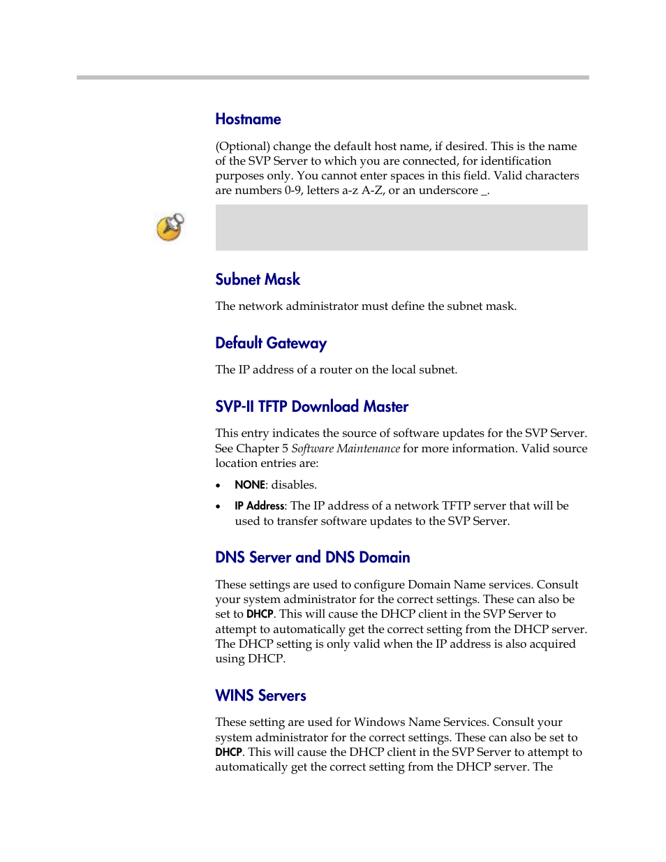 Hostname, Subnet mask, Default gateway | Svp-ii tftp download master, Dns server and dns domain, Wins servers | Polycom SpectraLink 1725-36033-001 User Manual | Page 27 / 47