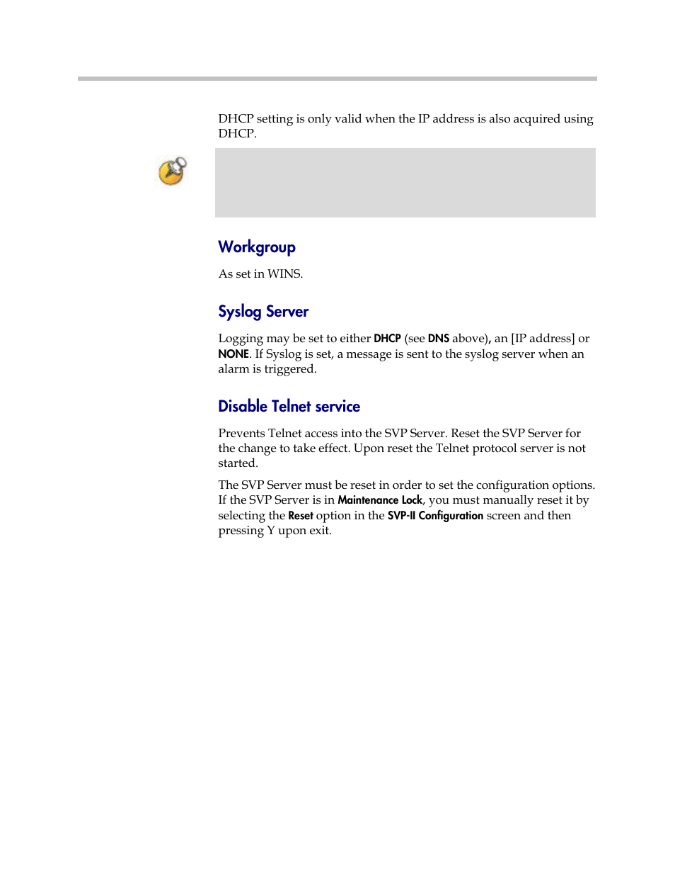 Workgroup, Syslog server, Disable telnet service | Polycom SpectraLink 1725-36033-001 User Manual | Page 28 / 47