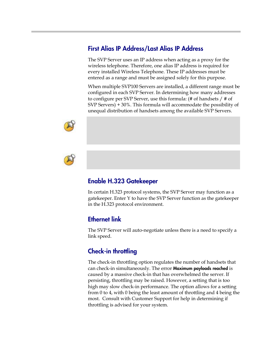 First alias ip address/last alias ip address, Enable h.323 gatekeeper, Ethernet link | Check-in throttling | Polycom SpectraLink 1725-36033-001 User Manual | Page 30 / 47