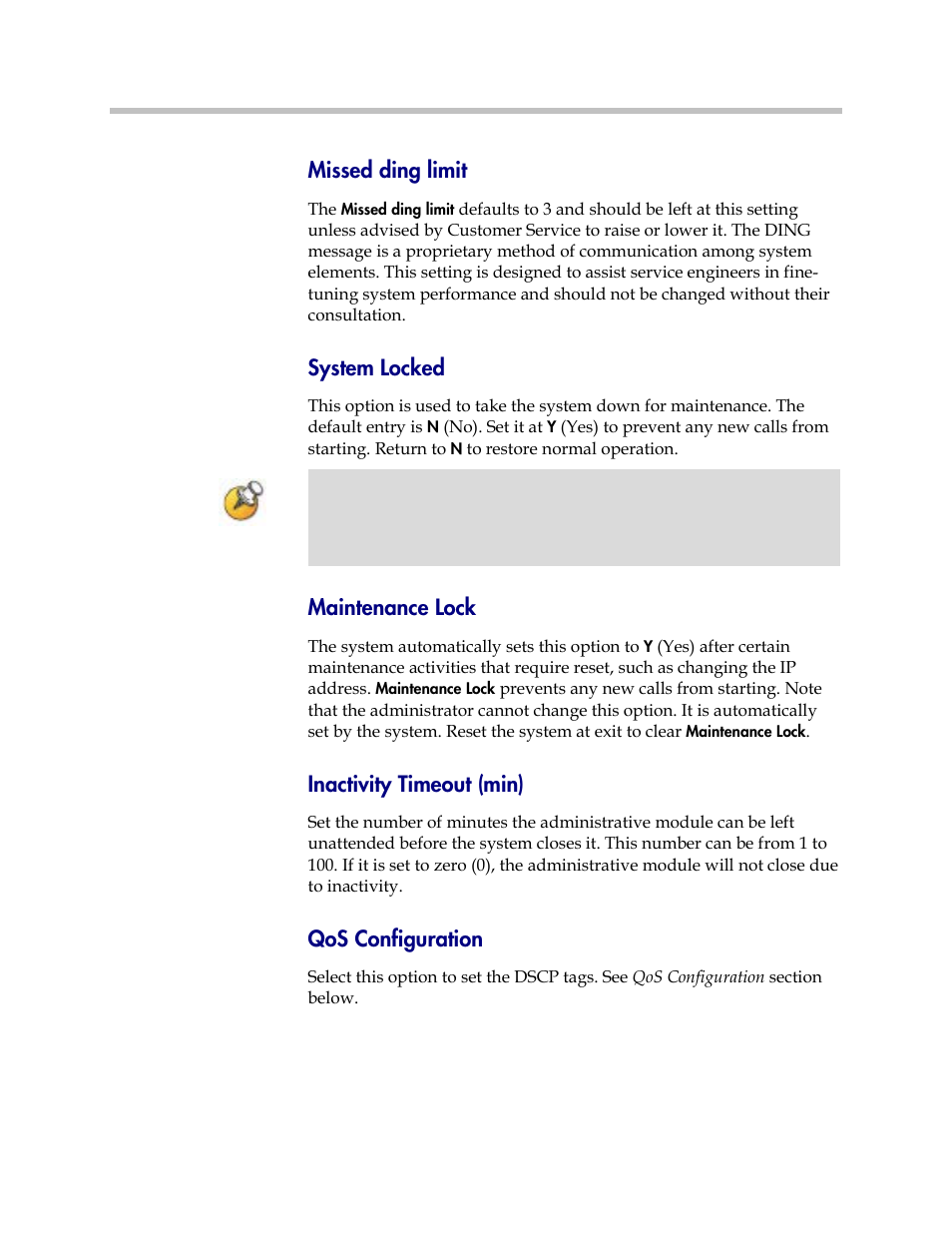 Missed ding limit, System locked, Maintenance lock | Inactivity timeout (min), Qos configuration | Polycom SpectraLink 1725-36033-001 User Manual | Page 31 / 47