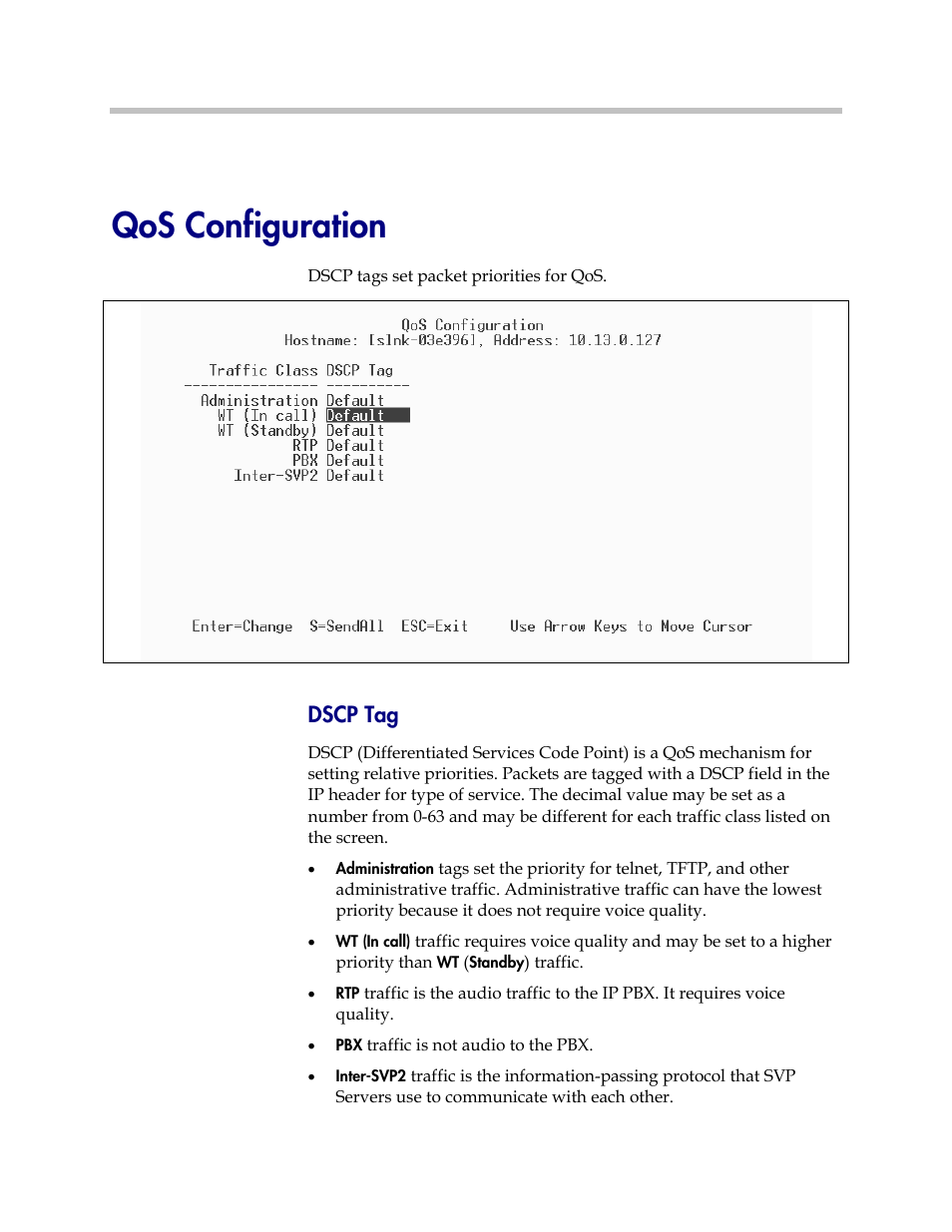 Qos configuration, Dscp tag | Polycom SpectraLink 1725-36033-001 User Manual | Page 33 / 47