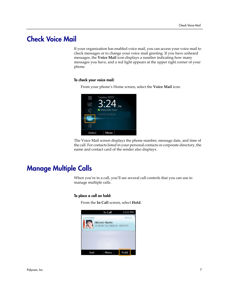 Check voice mail, Manage multiple calls, Check voice mail manage multiple calls | Polycom 1725-44328-001 User Manual | Page 11 / 22