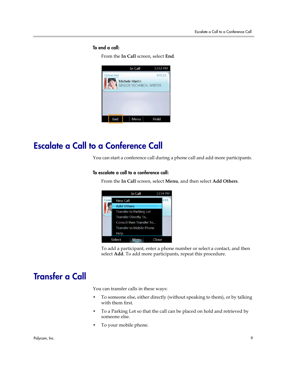 Escalate a call to a conference call, Transfer a call | Polycom 1725-44328-001 User Manual | Page 13 / 22