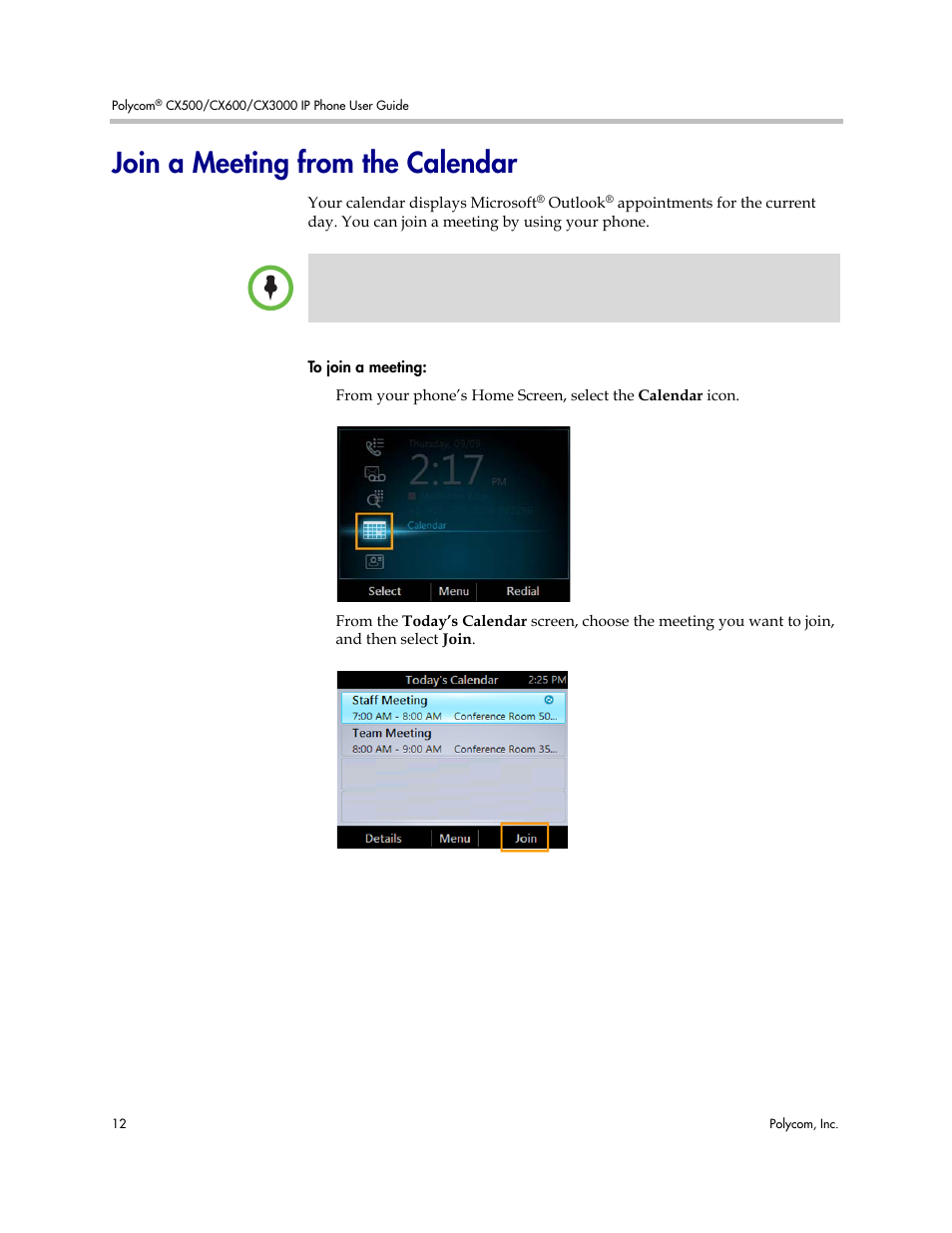 Join a meeting from the calendar | Polycom 1725-44328-001 User Manual | Page 16 / 22