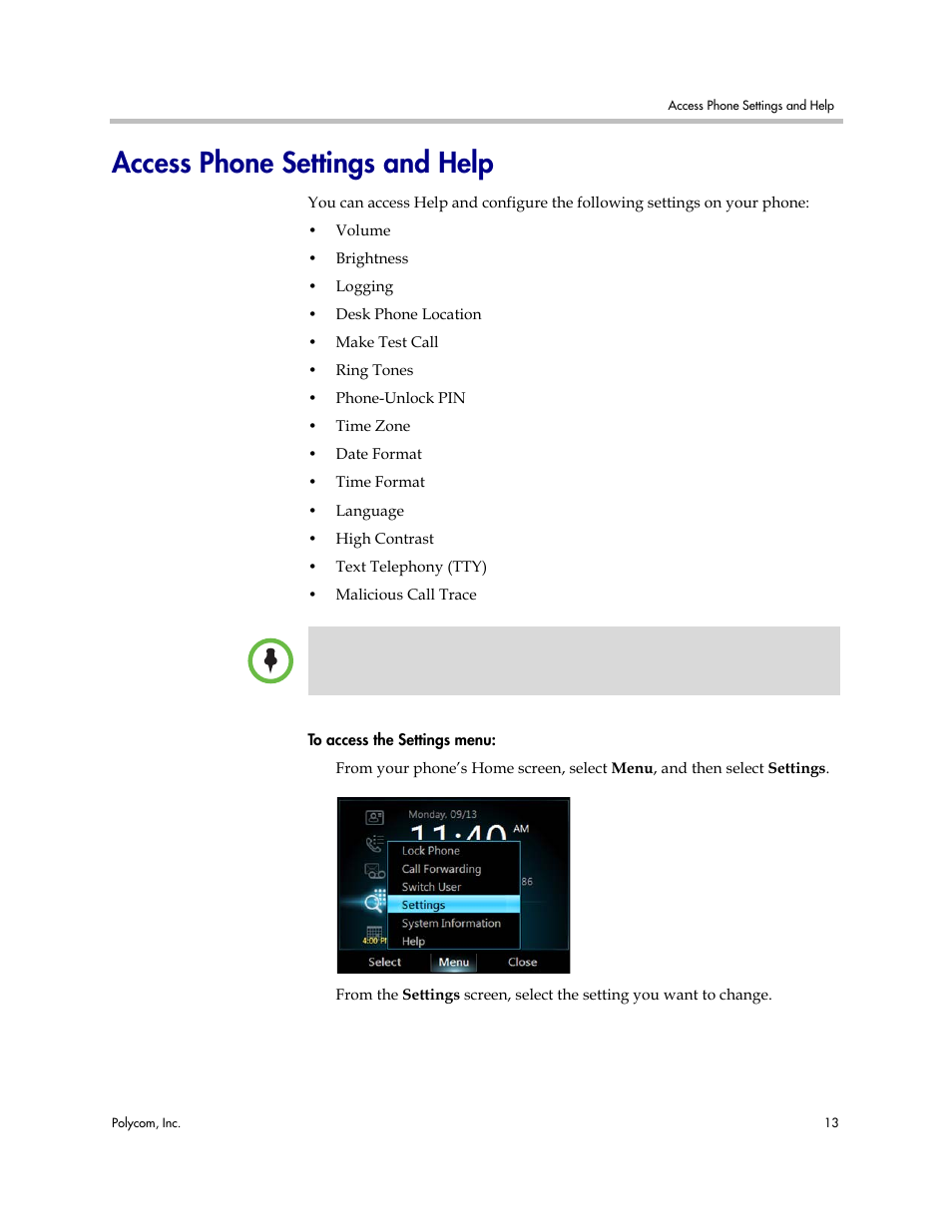 Access phone settings and help | Polycom 1725-44328-001 User Manual | Page 17 / 22